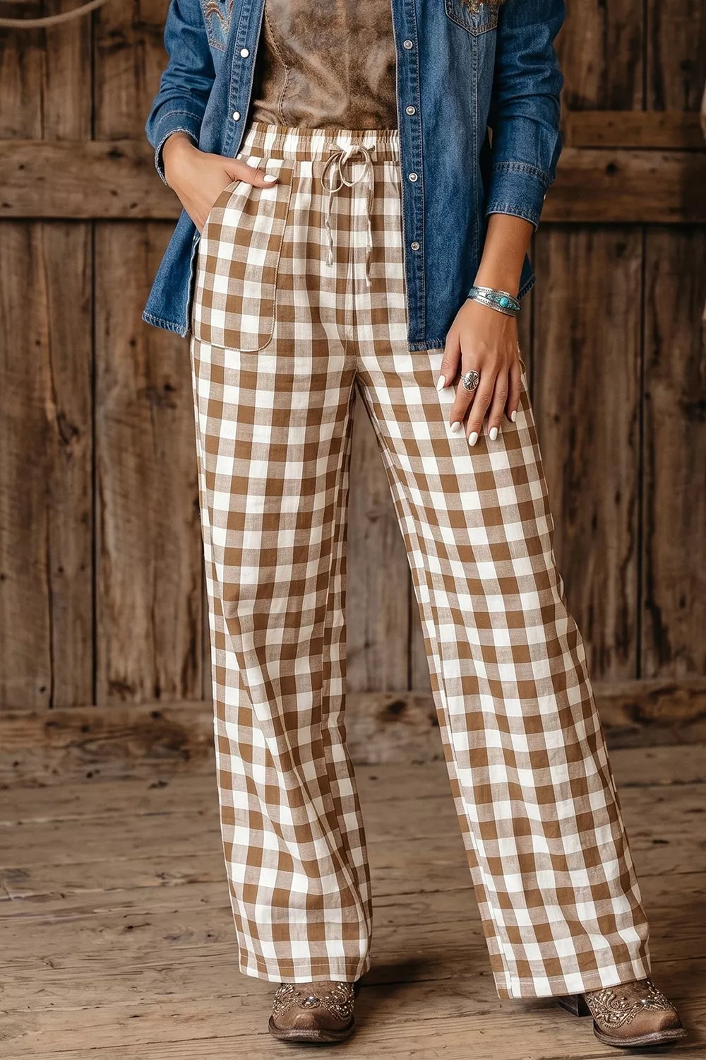 Taupe gingham plaid tie waist pants front view on model