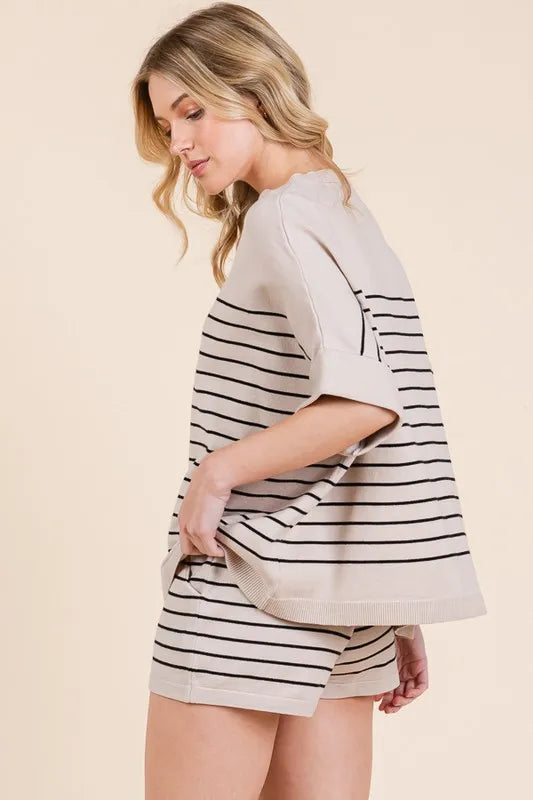 Lime 'N' Chili Striped Folded Half Sleeve Top and Shorts Set - Fashorio