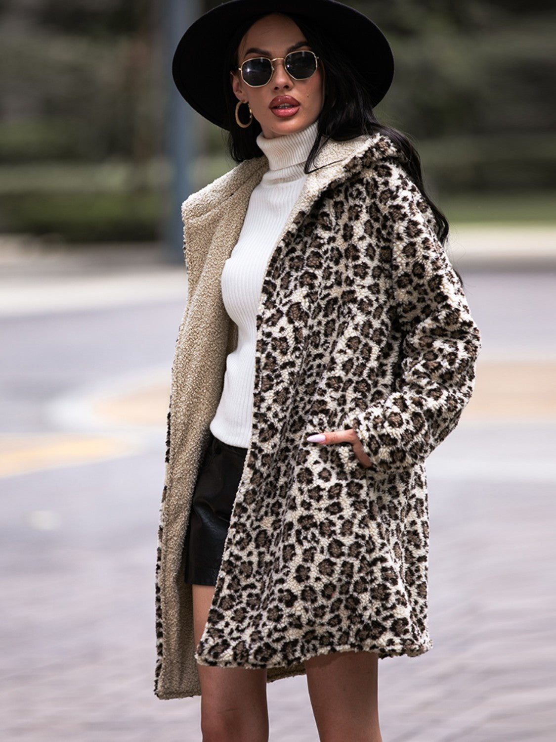 Shiny Leopard Hooded Coat with Pockets - Fashorio