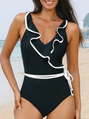 Ruffle Trim V-Neck One-Piece Swimsuit Black - Fashorio