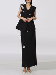 Flower Sleeveless Vest and Skirt Set Black - Fashorio