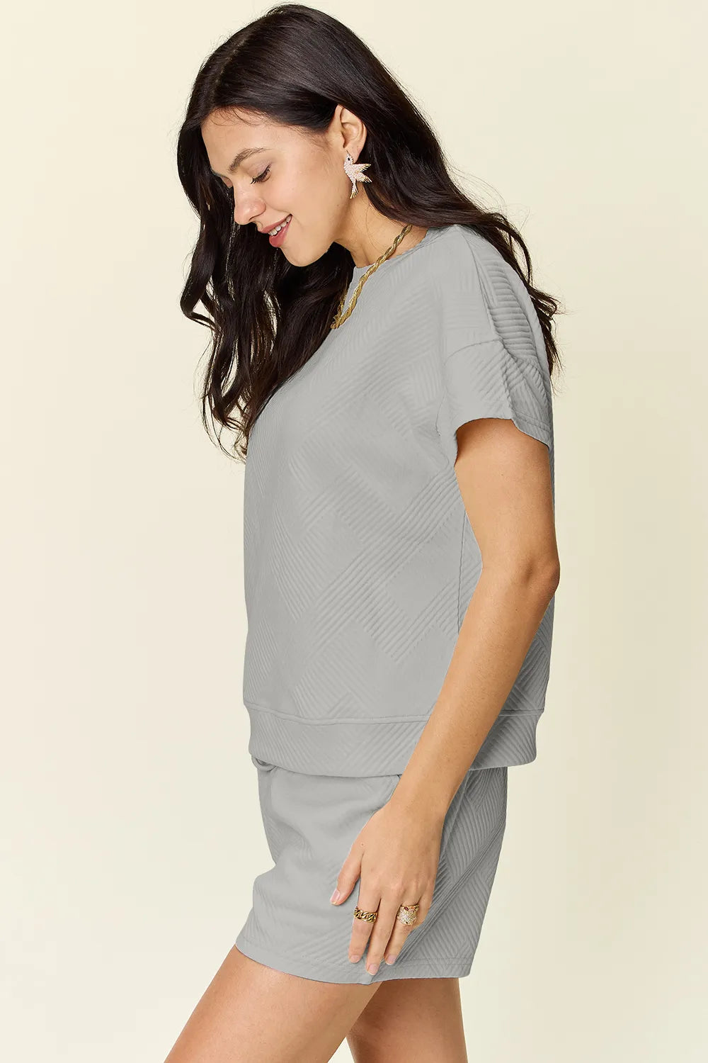 Double Take Full Size Texture Short Sleeve T-Shirt and Drawstring Shorts Set - Fashorio