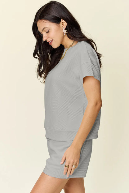 Double Take Full Size Texture Short Sleeve T-Shirt and Drawstring Shorts Set - Fashorio