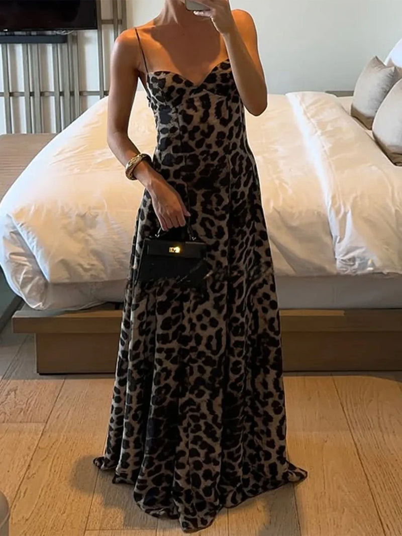 Leopard print sweetheart neck maxi dress front view