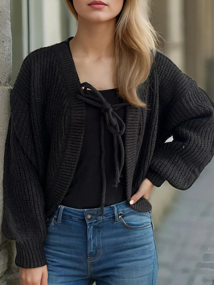 Tied Dropped Shoulder Long Sleeve Cardigan Black One Size - Fashorio