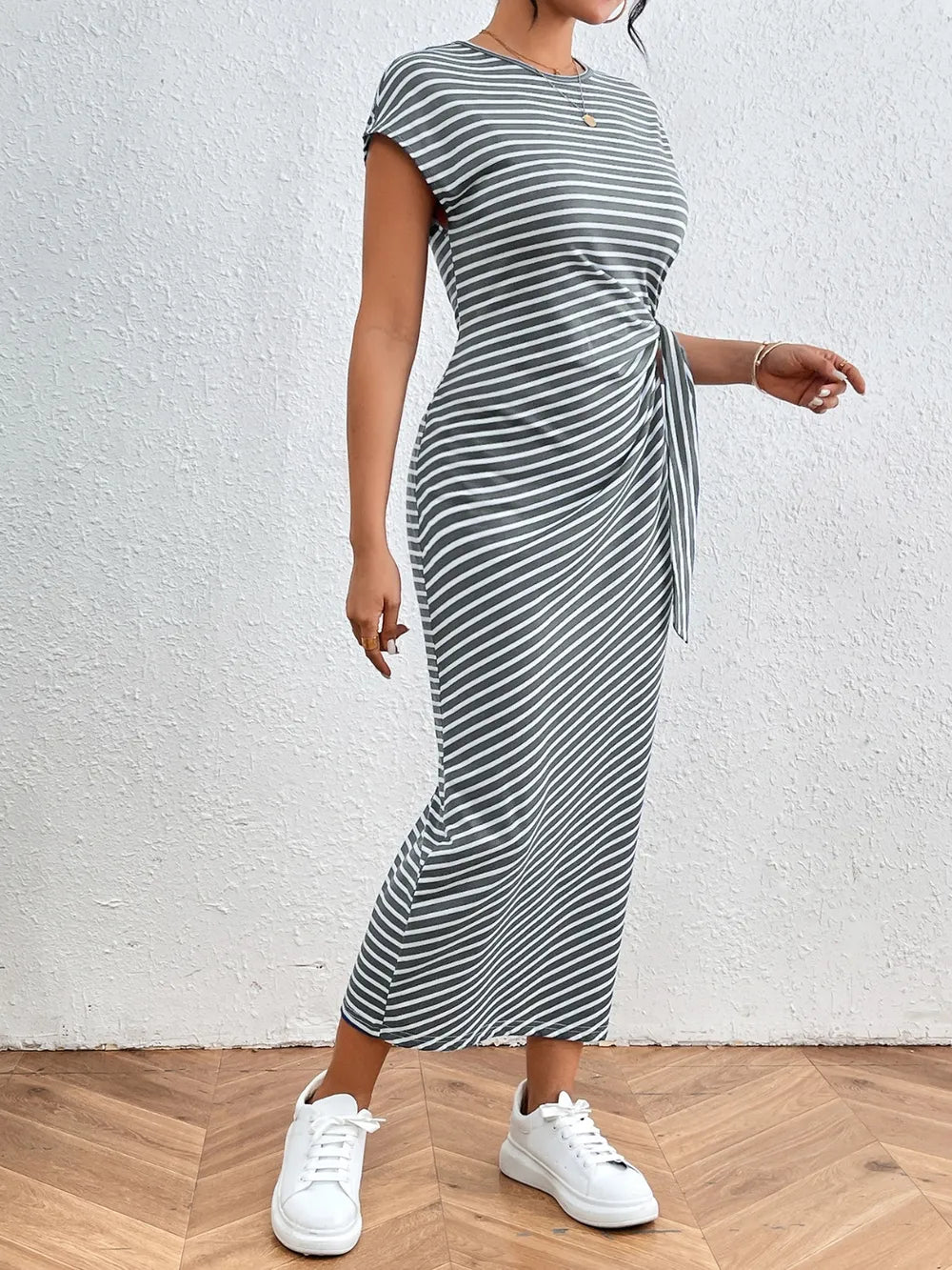 striped round neck short sleeve tee dress full length view