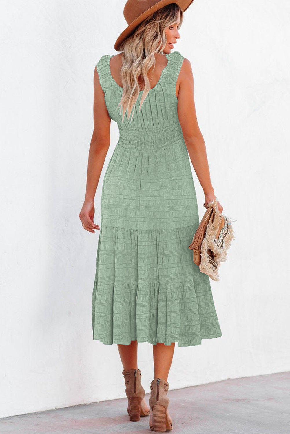Green shirred square neck sleeveless midi dress