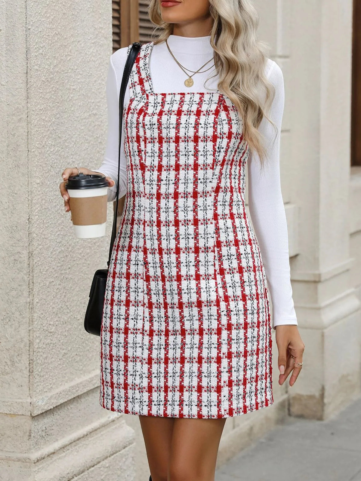 Plaid Tweed Square Neck Mini Dress in Scarlet side view