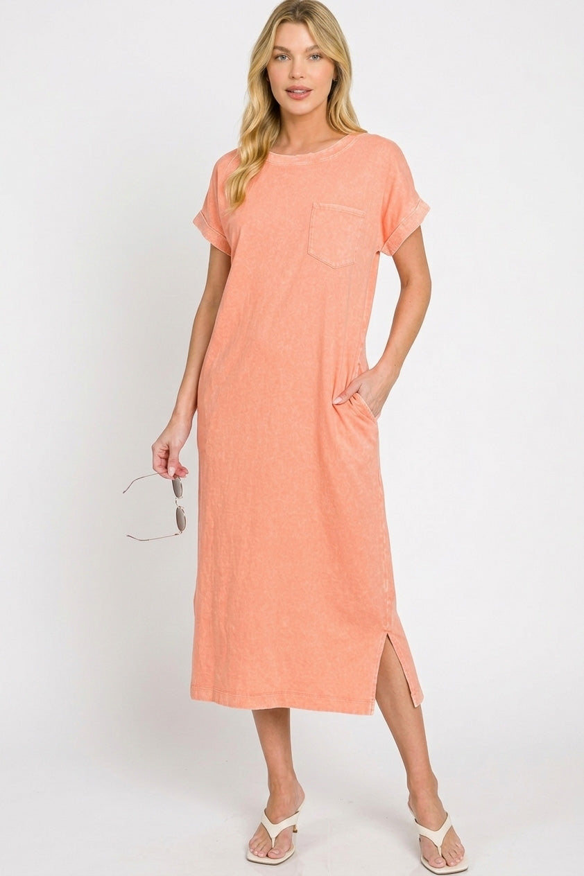 Washed Exposed Seam T Shirt Dress in Coral side view