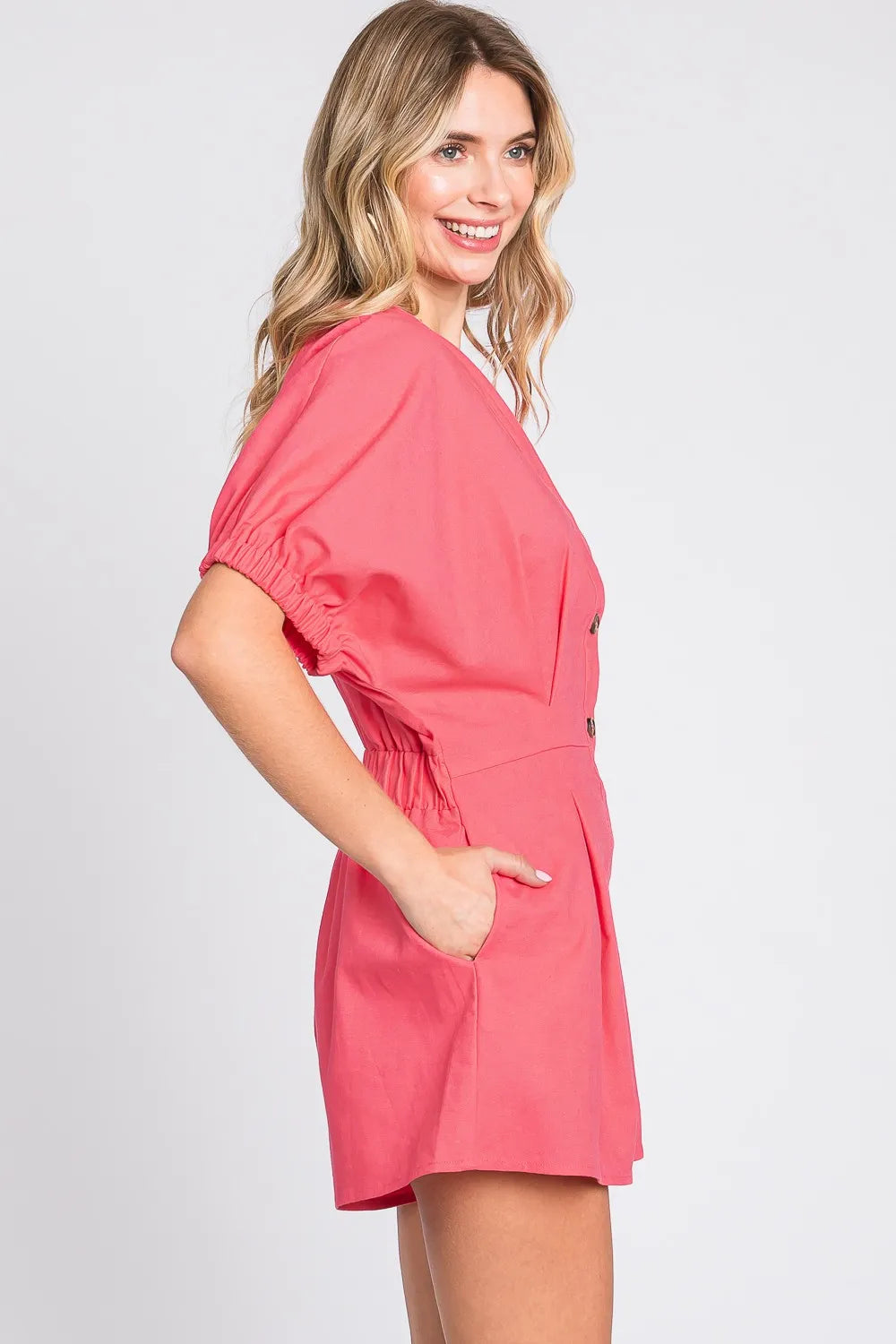 Half Button V Neck Linen Romper side view