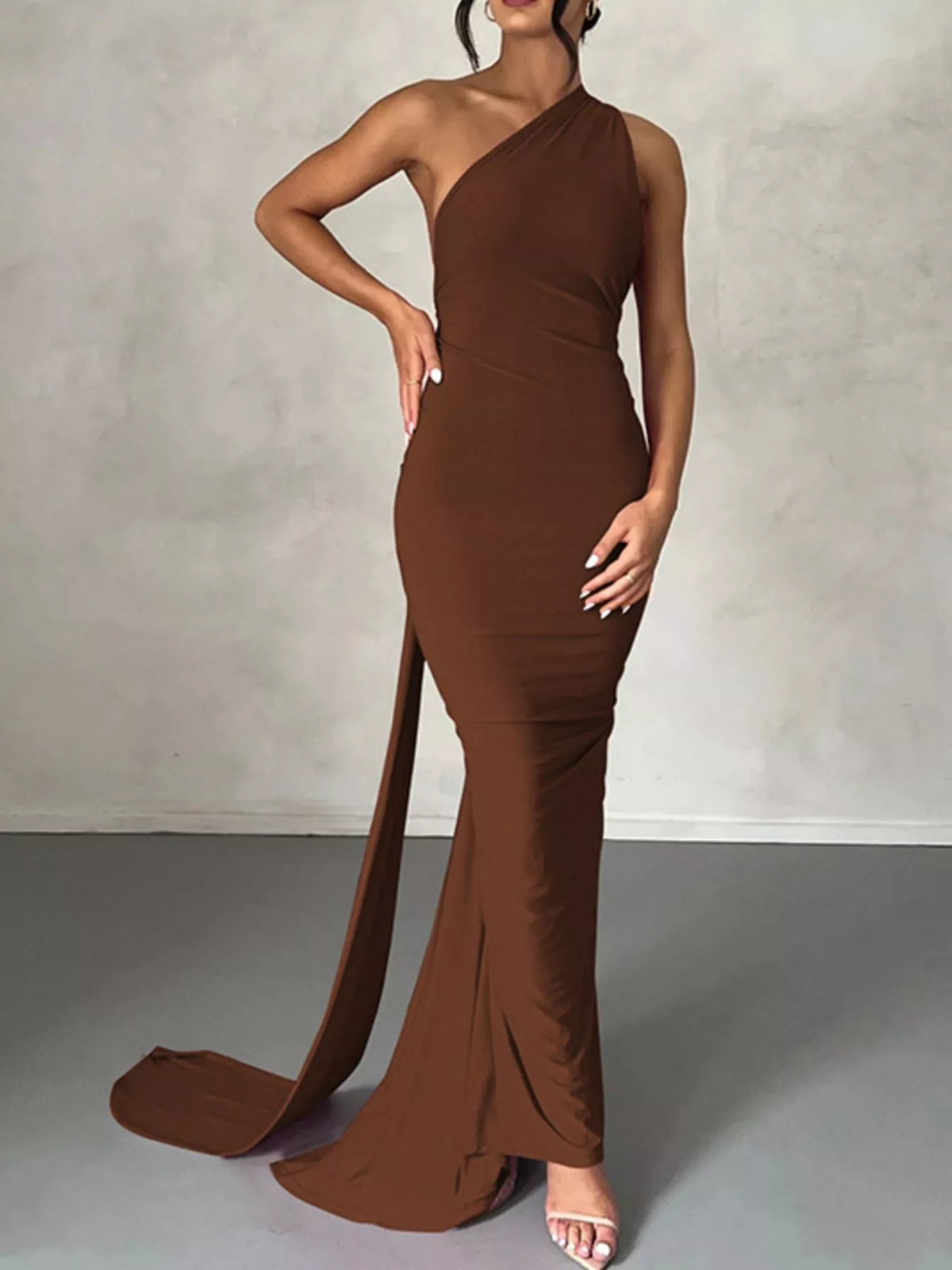 One Shoulder Ruched Bodycon Maxi Dress full length view