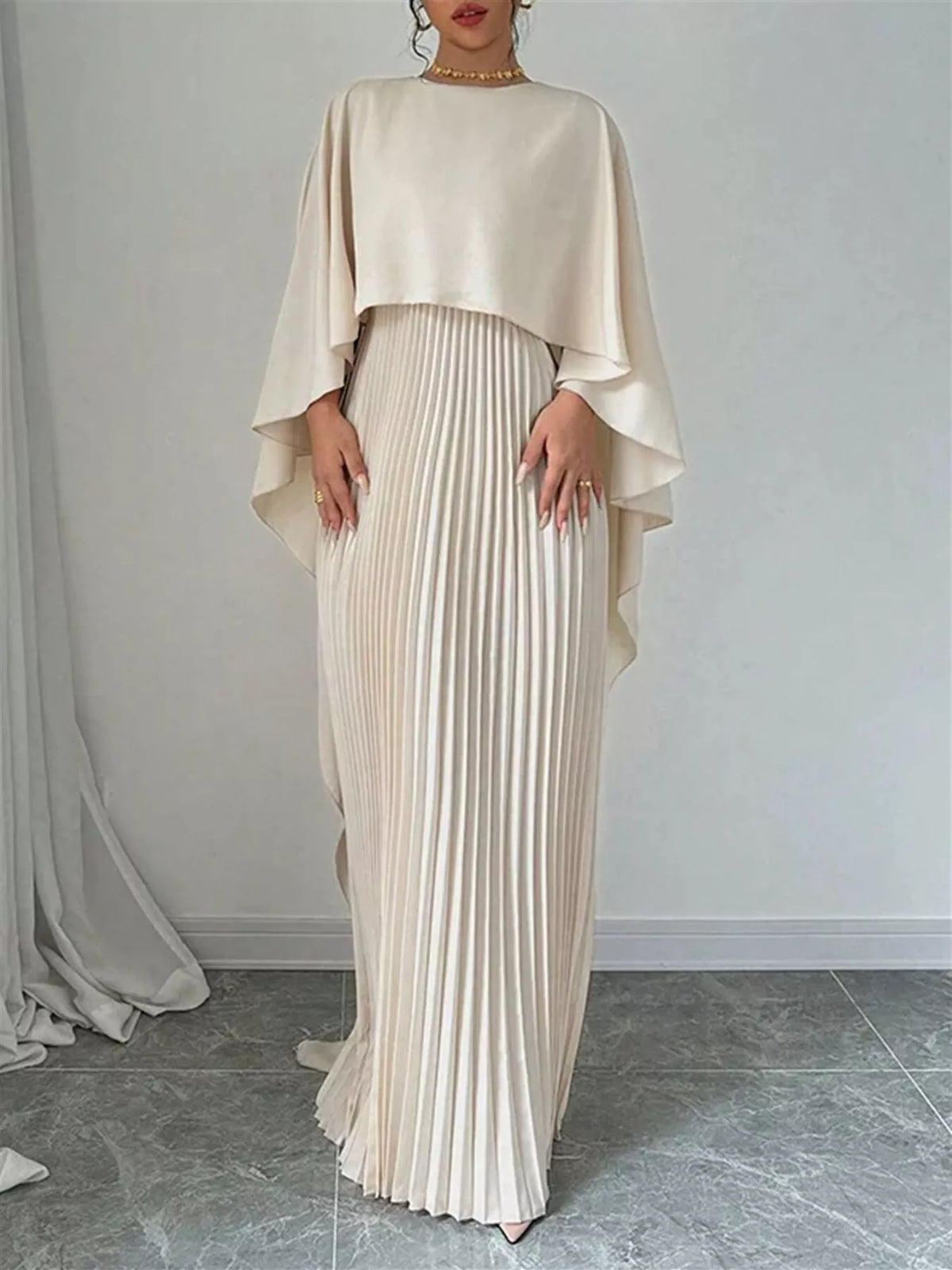 cape sleeve pleated maxi dress styled full length