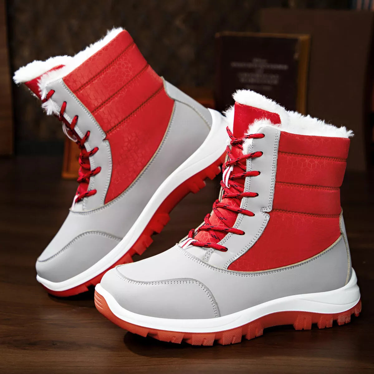Winter fur lined snow boots toe close up