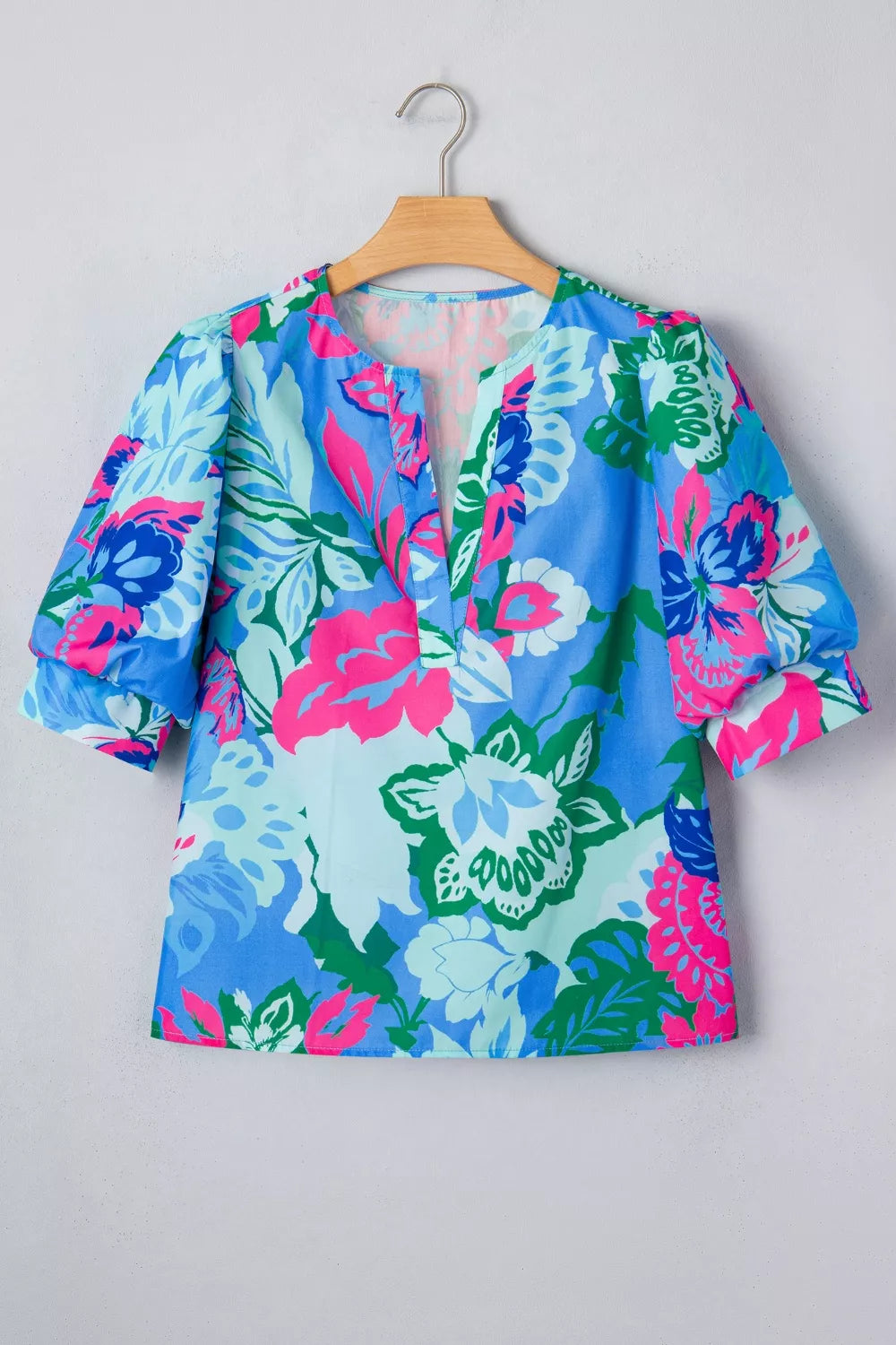 Pastel blue floral blouse styled view