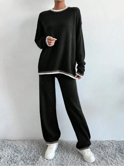 Side Slit Contrast Trim Round Neck Top and Pants Sweater Set Black - Fashorio