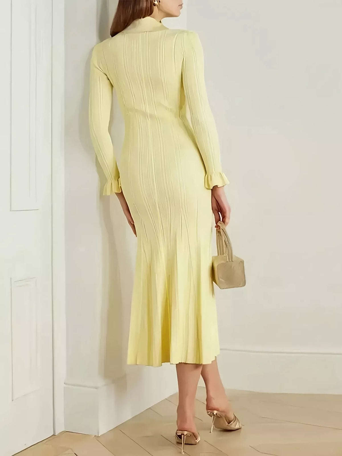 Pastel yellow sweater dress front styling