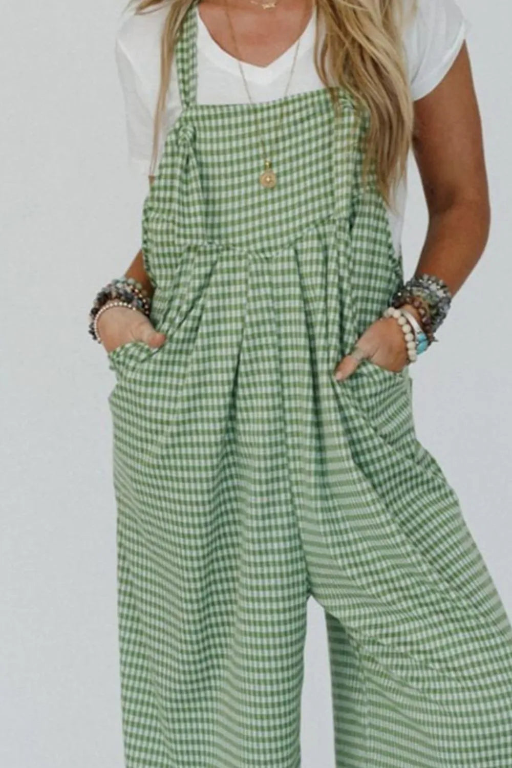 Casual Gingham Wide Leg Overalls styled look