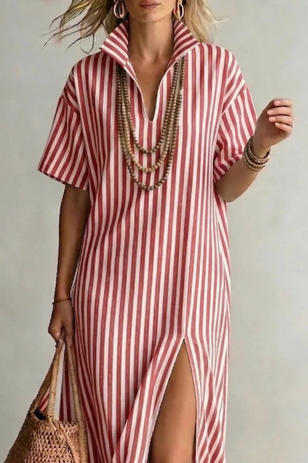 Striped high slit maxi dress back detail