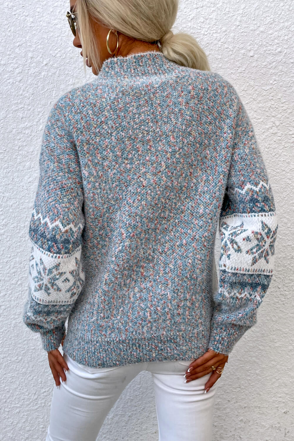 Snowflake Pattern Mock Neck Sweater - Fashorio