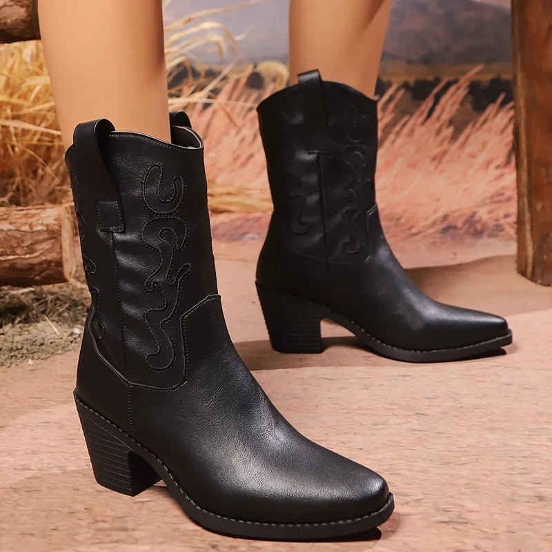 Pointed toe block heel boots front view