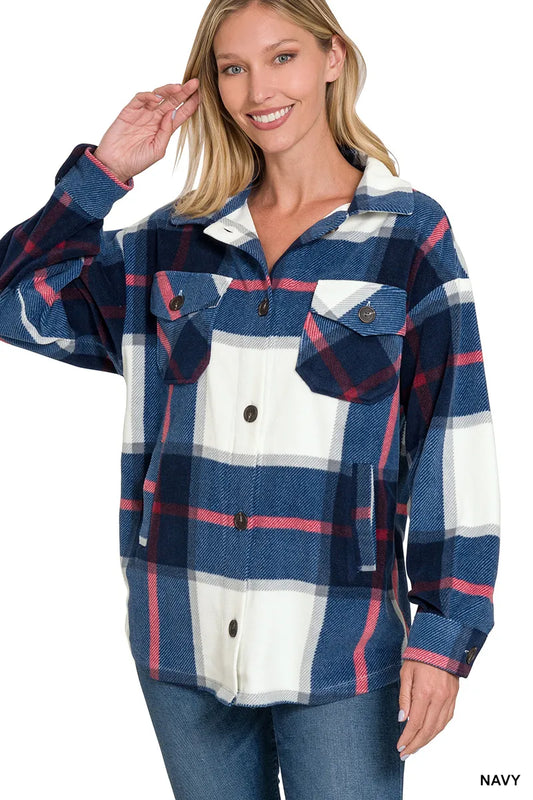 Oversized Plaid Fleece Shacket with Chest Pockets Navy - Fashorio