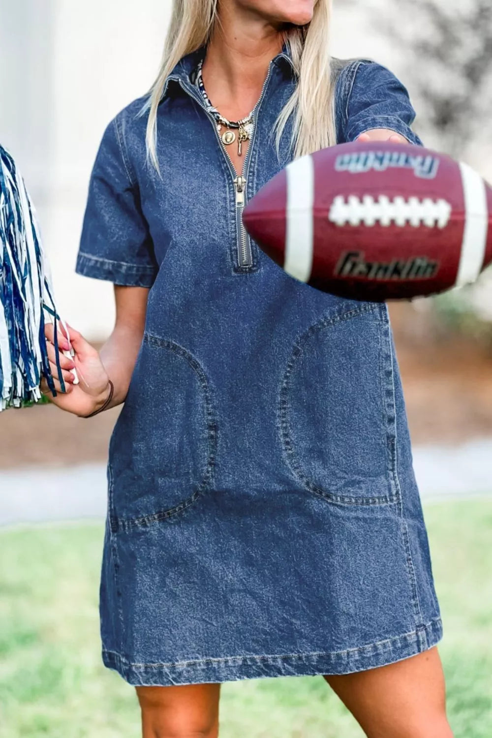 Dark blue zip up collared denim mini dress back view