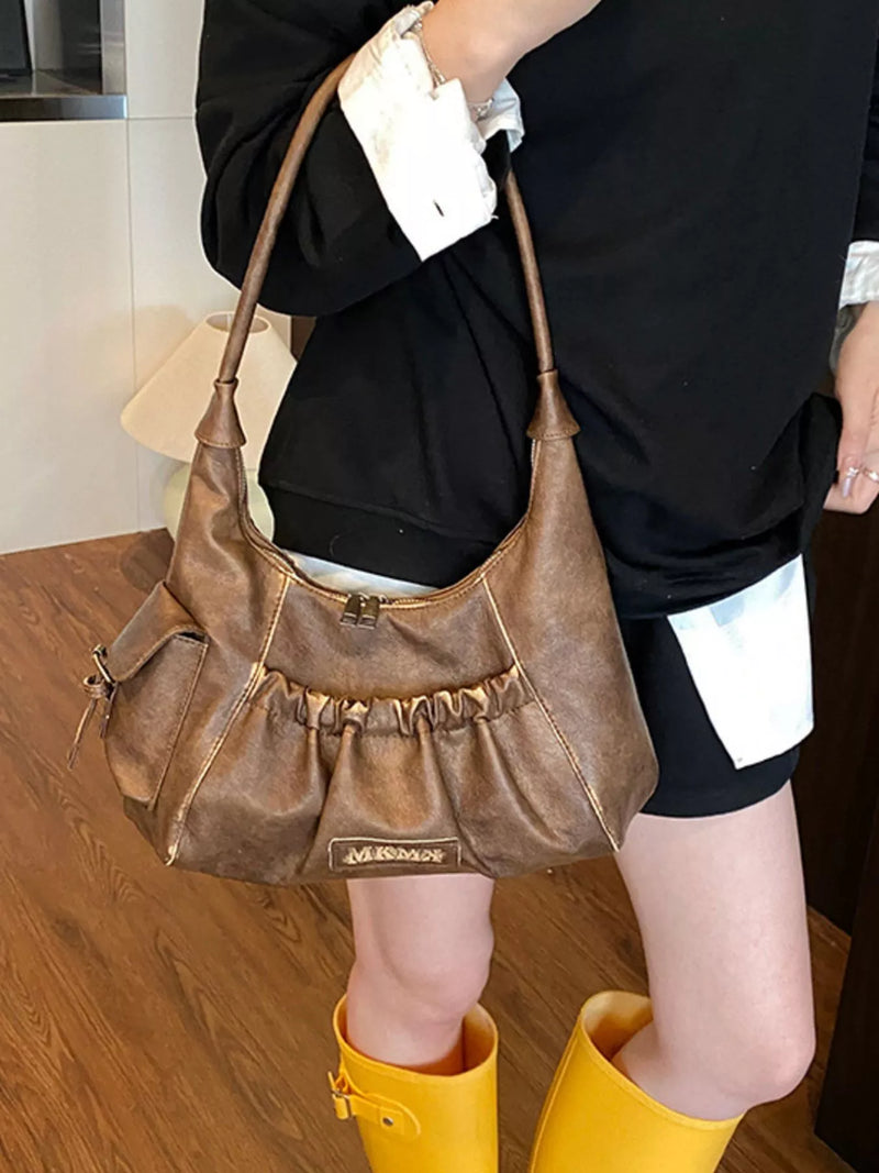 Vintage ruched hobo bag in brown front view