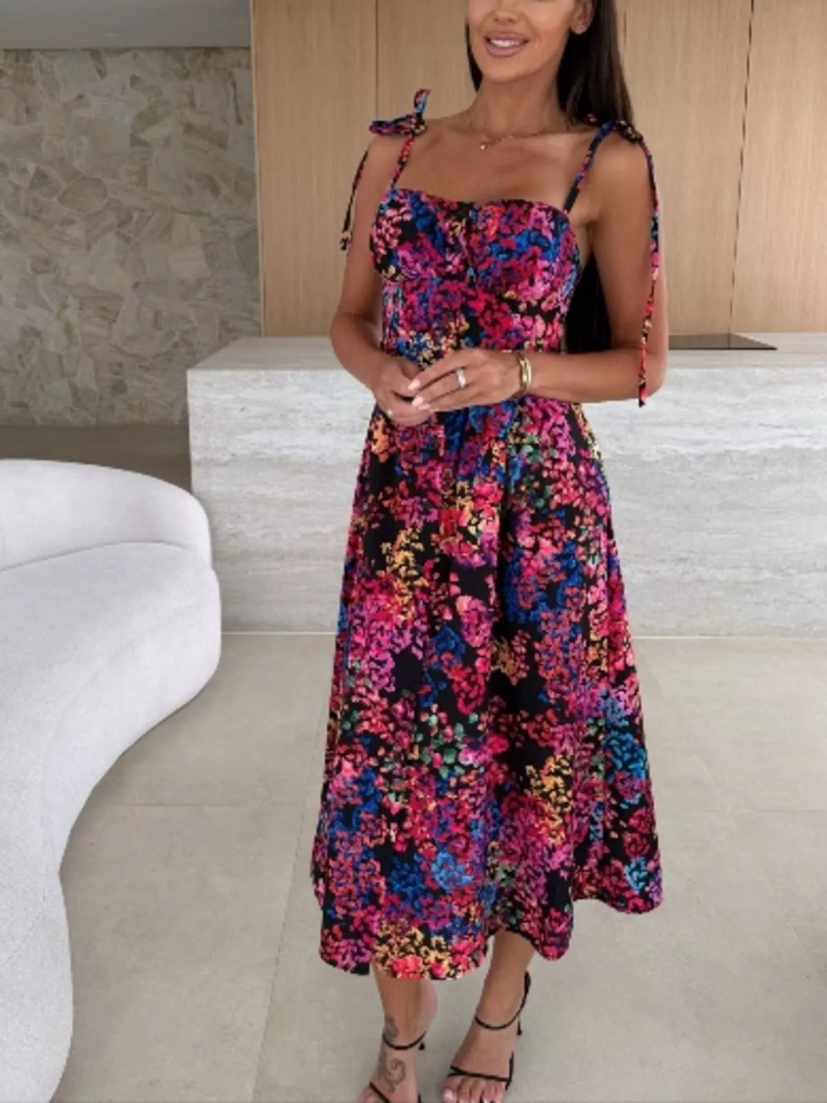 Printed tie strap midi dress side view