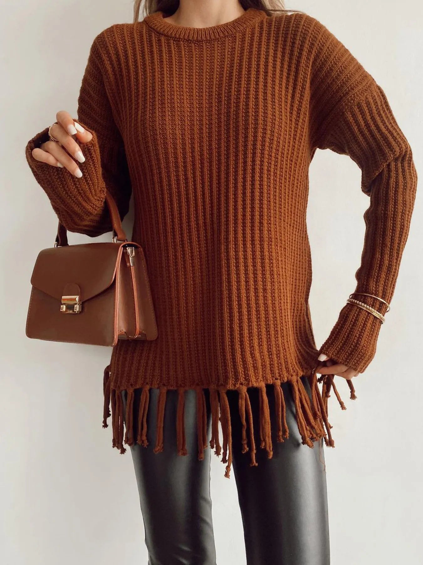 Fringe Round Neck Long Sleeve Sweater - Fashorio