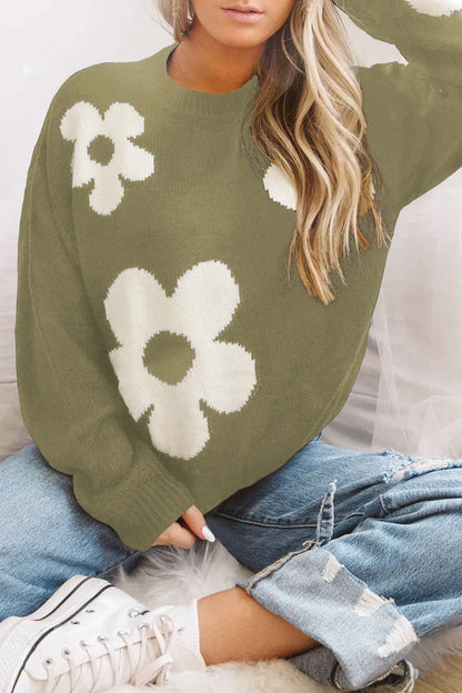 Round Neck Floral Pattern Color Contrast Design Long Sleeve Sweater - Fashorio