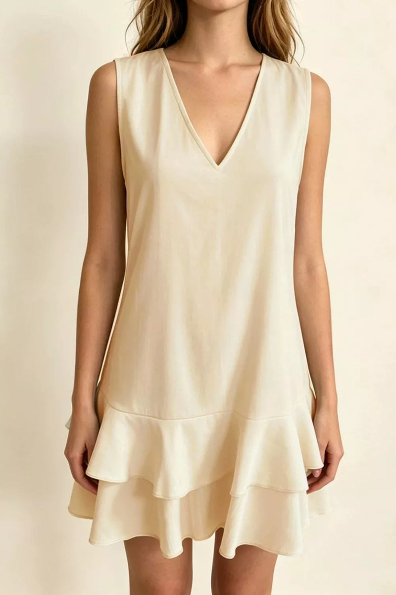 Sleeveless V neck ruffle hem mini dress front view