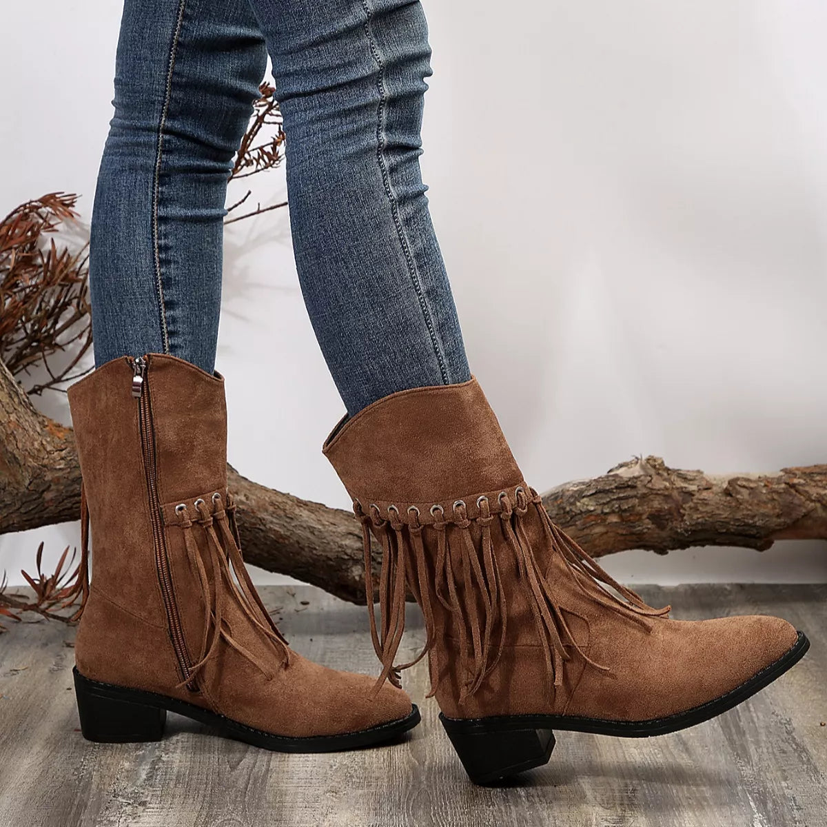 Fringe Western Block Heel Boots styled with a dress