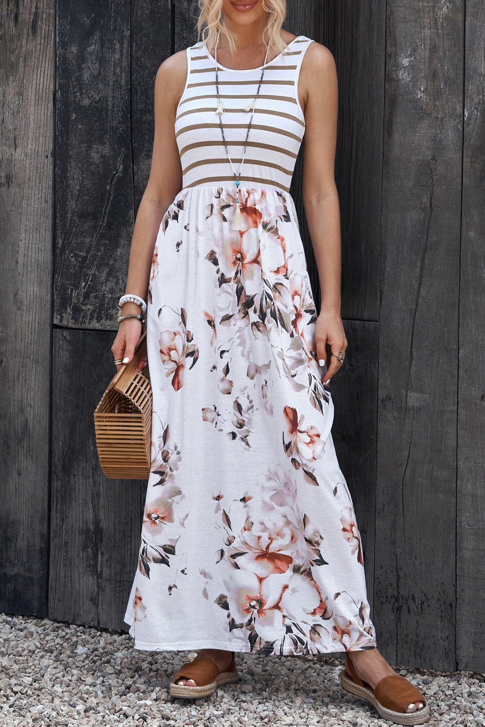 Striped Floral Round Neck Sleeveless Maxi Dress Floral - Fashorio