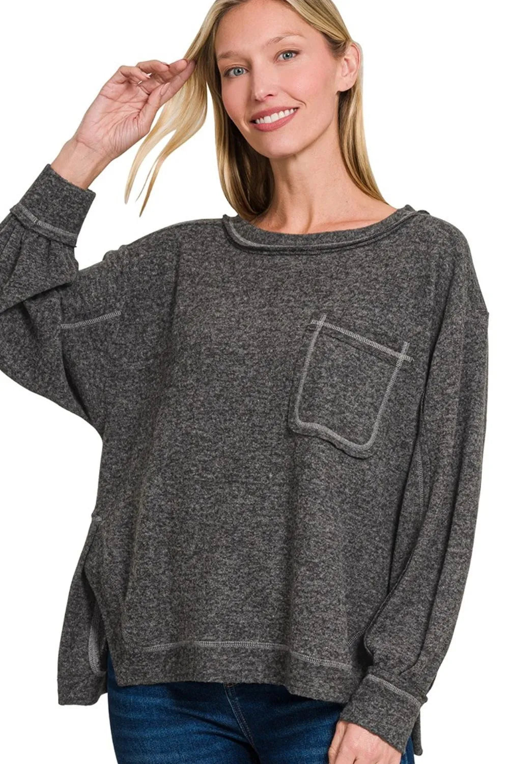 Zenana Brushed Hacci Hi-low Round Neck Knit Top BLACK - Fashorio