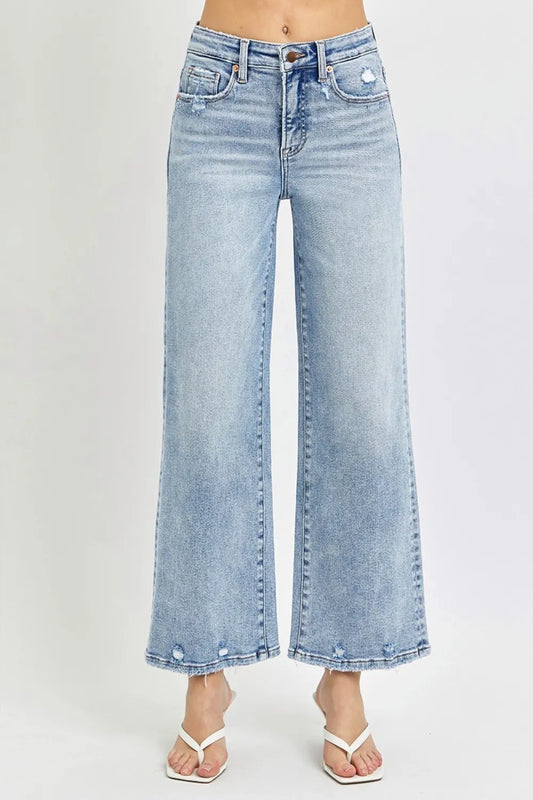 RISEN Full Size Tummy Control High Rise Crop Wide Leg Jeans Light - Fashorio