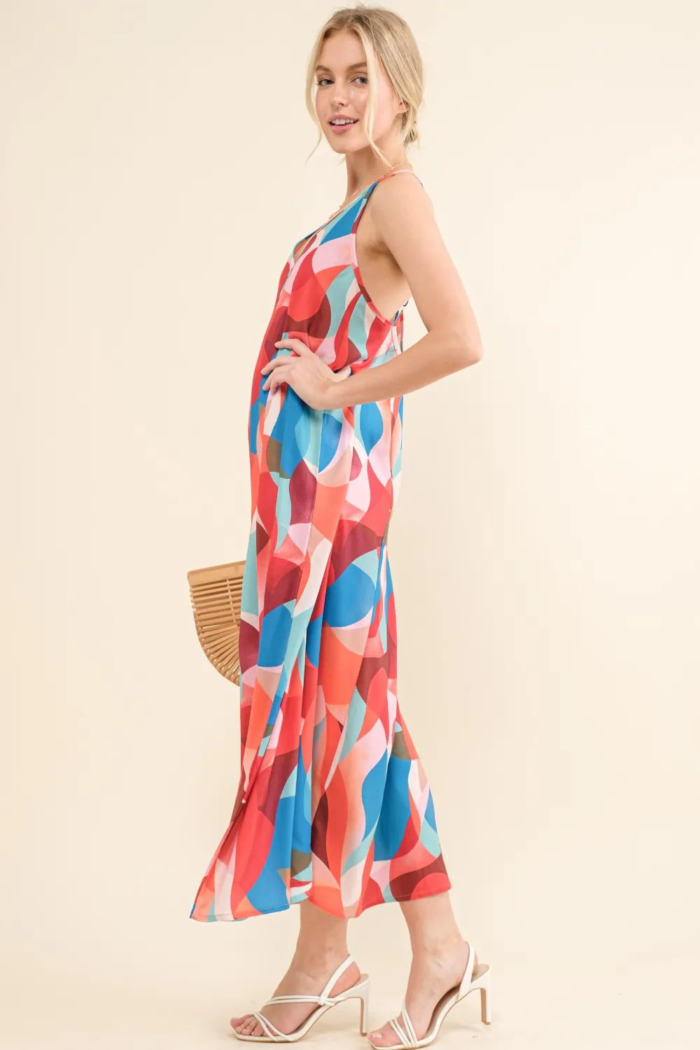 Printed Crisscross Back Cami Dress in Blue side view