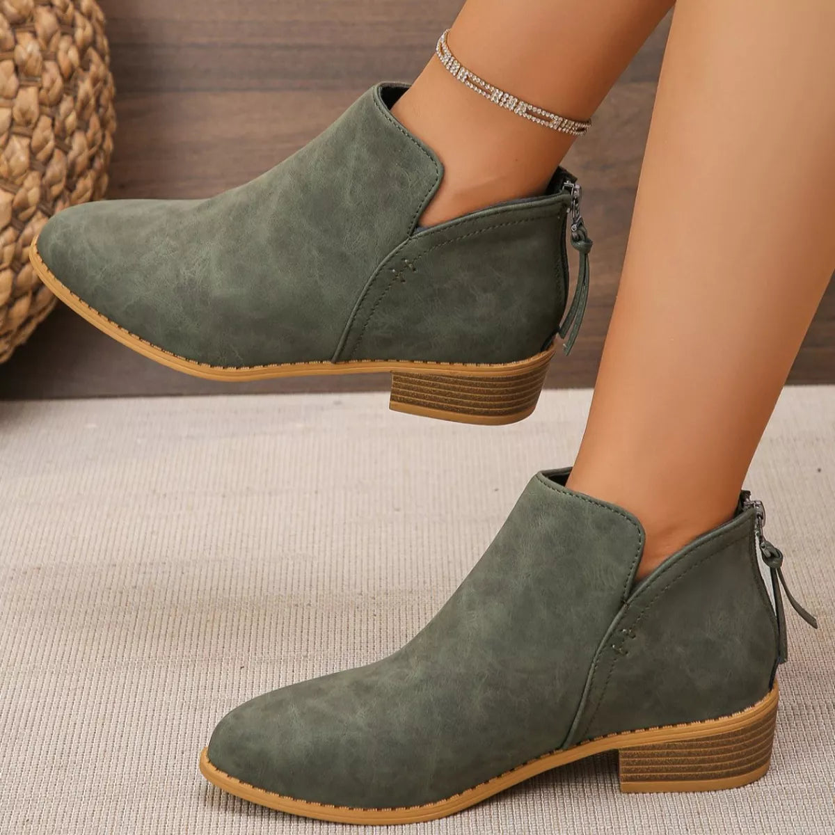 Point toe block heel ankle boots back view