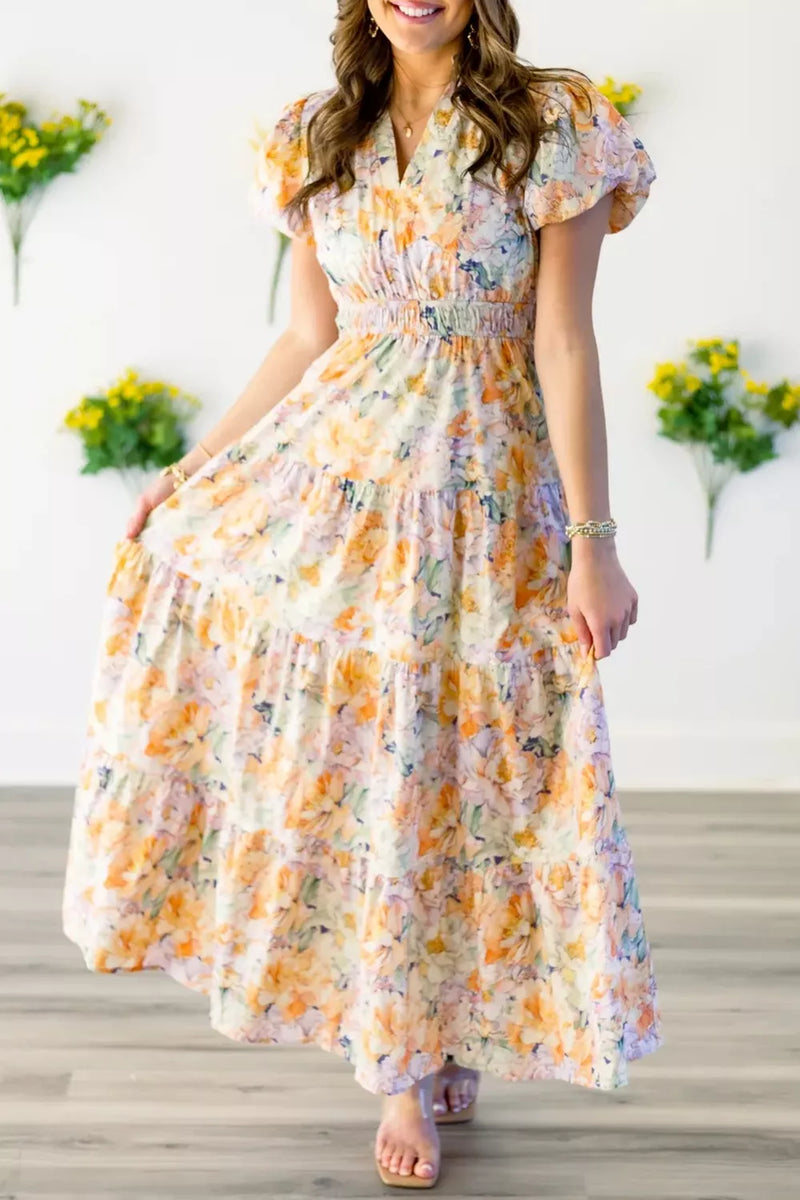 Floral smocked tiered maxi dress front view