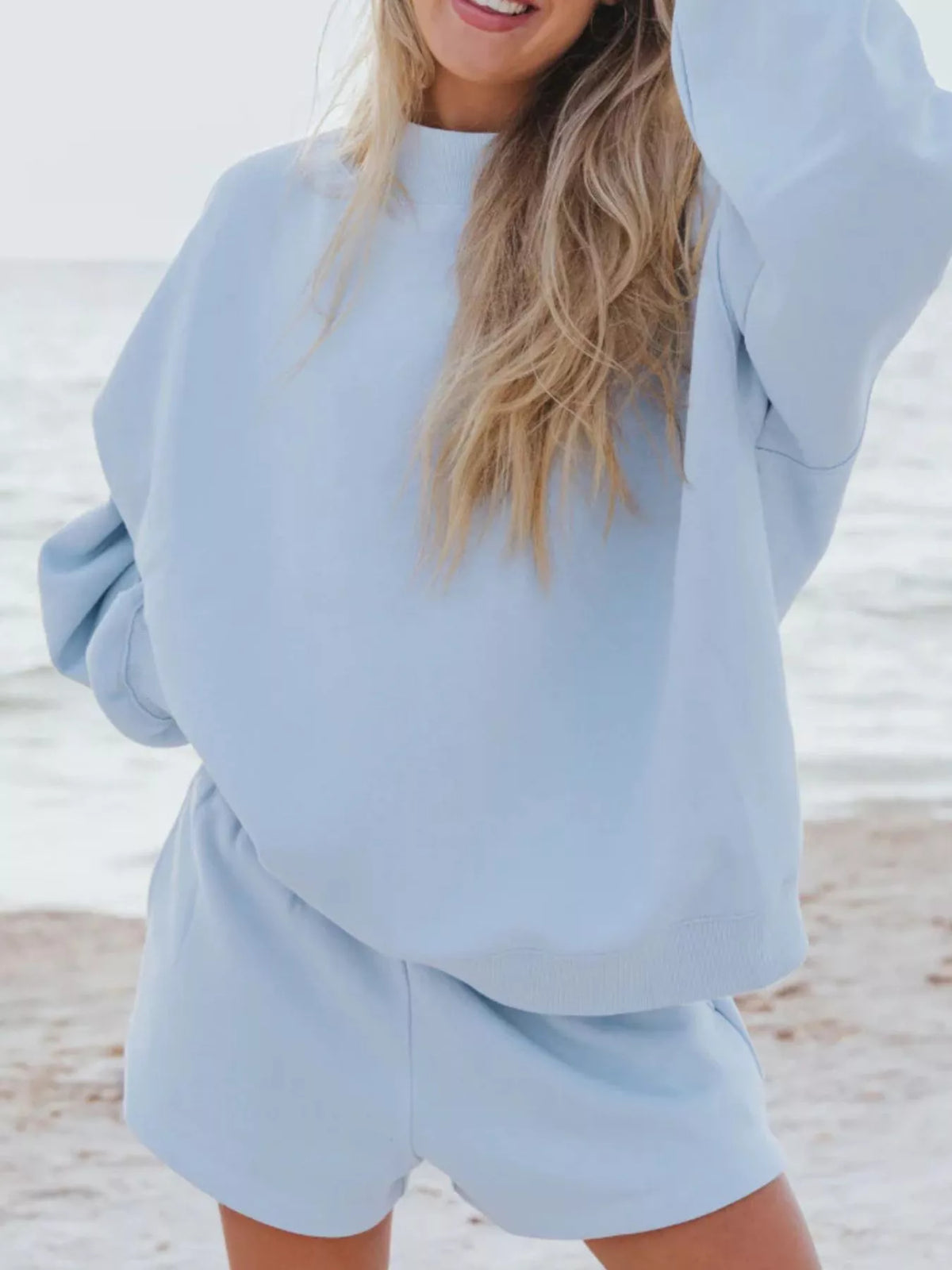 Relaxed Fit Round Neck Sweatshirt and Shorts Set, view 8