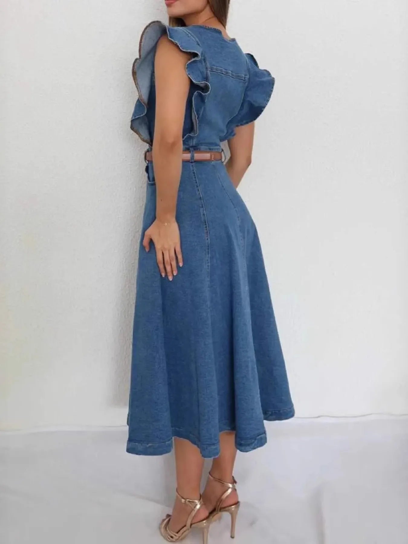 Button-Front Ruffle Sleeve Denim Midi Dress - Fashorio