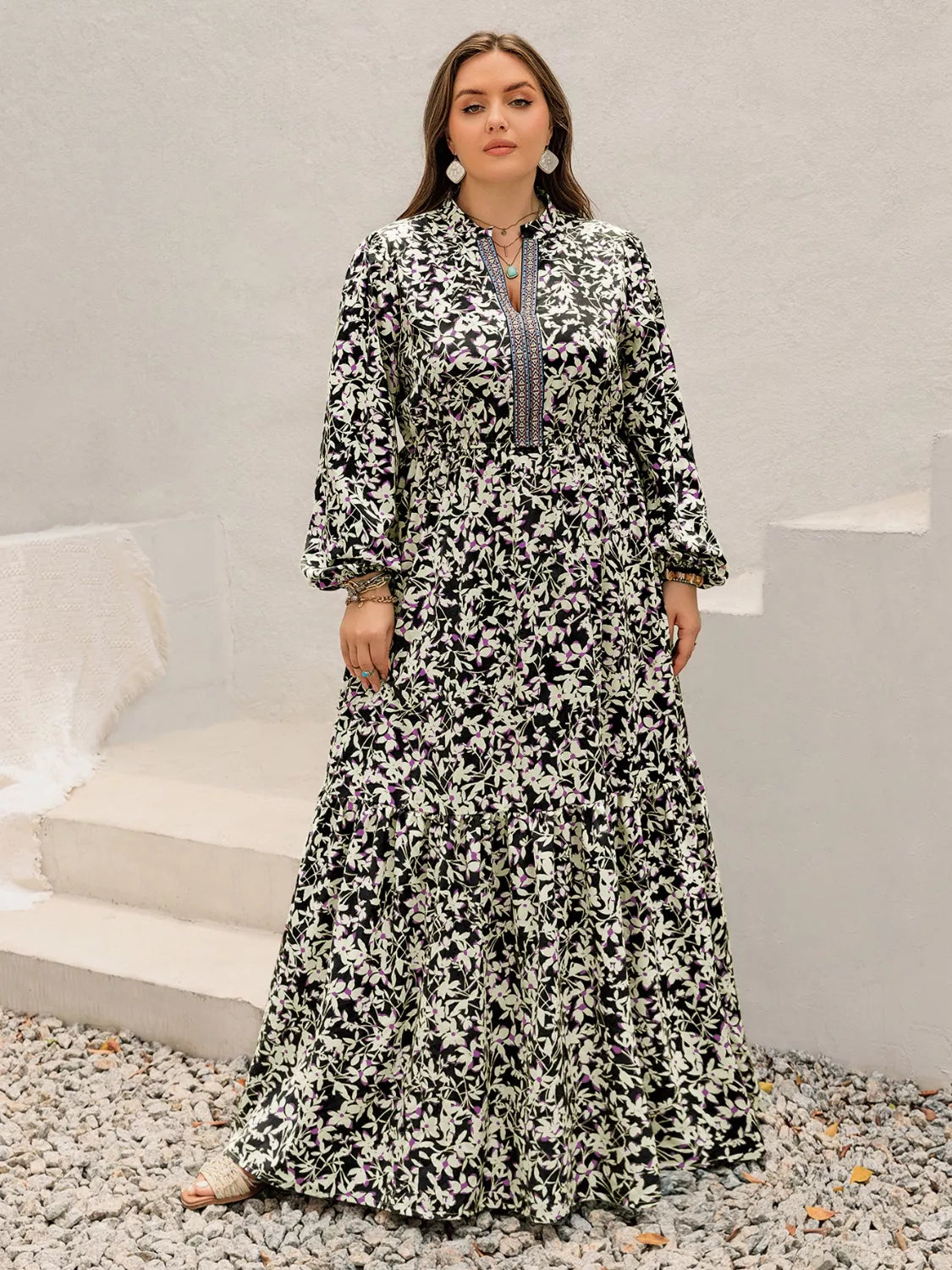 Plus Size Floral Long Sleeve Tiered Maxi Dress, front view