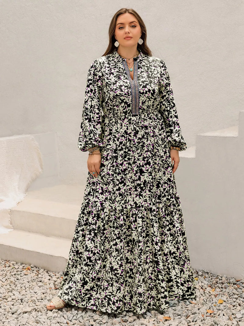 Plus Size Floral Long Sleeve Tiered Maxi Dress, front view