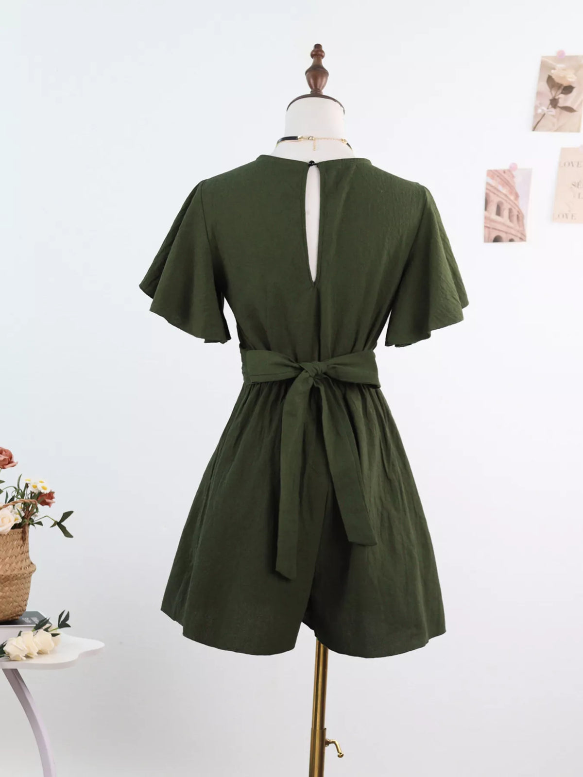 Tie waist flutter sleeve romper, close up detail