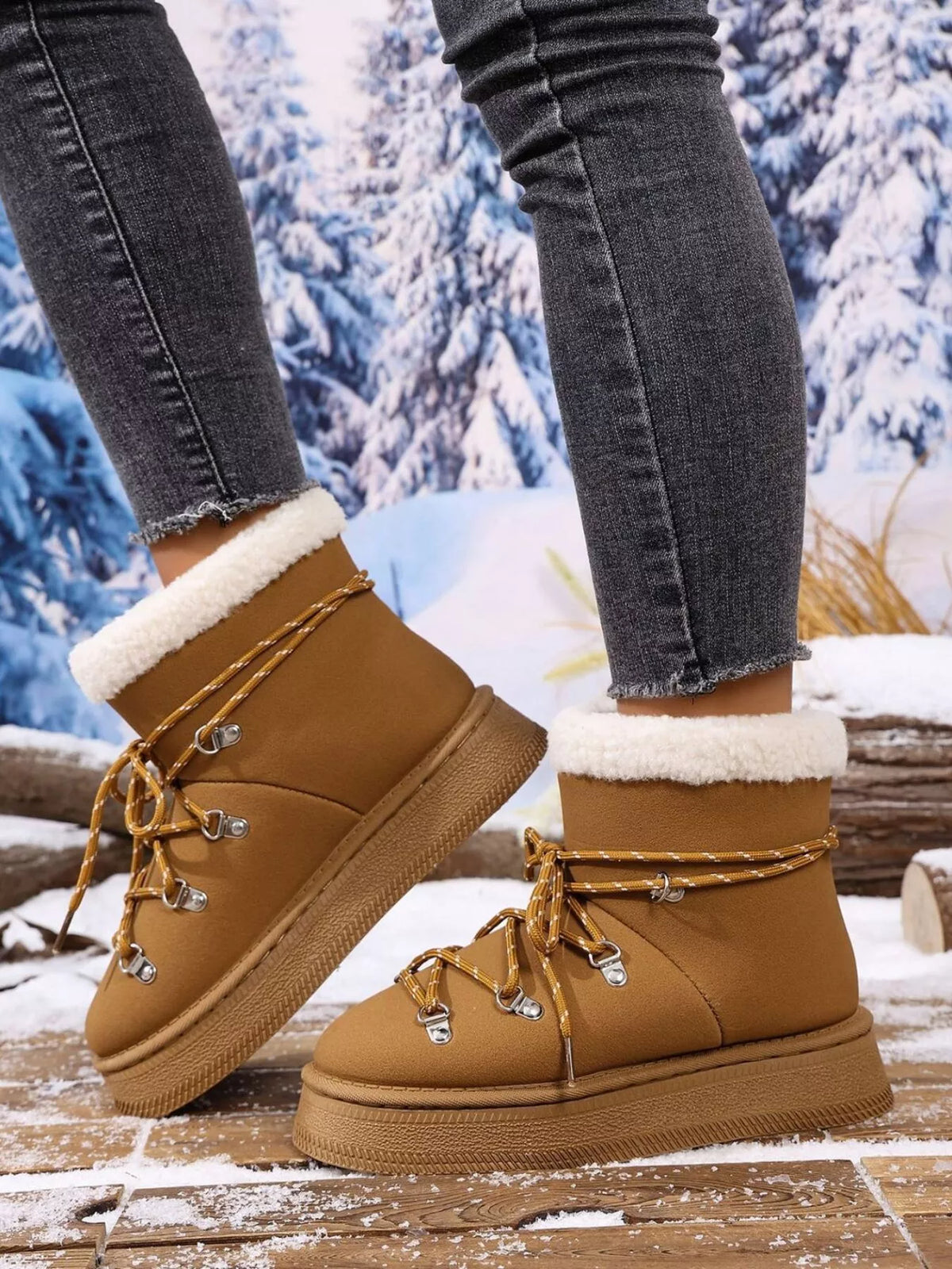 Round toe lined platform boots pair styled together