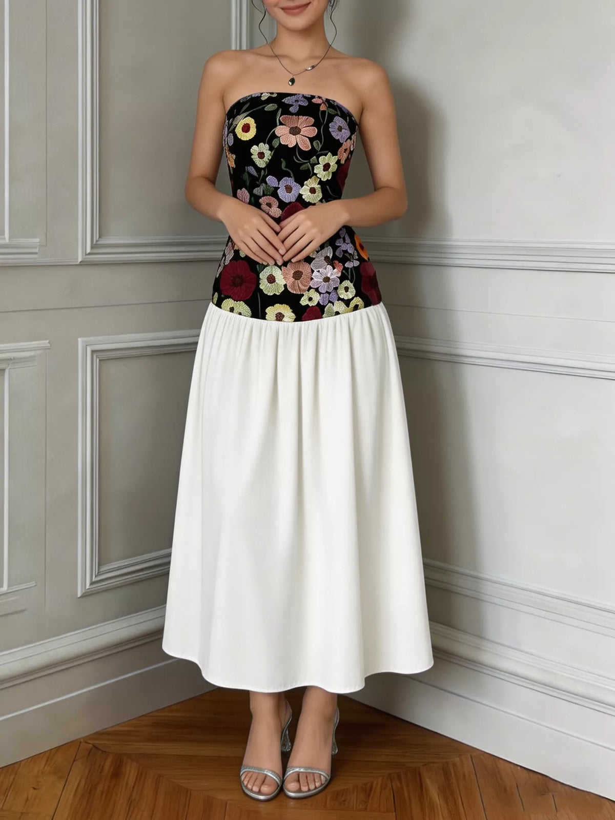 Floral embroidered strapless tube maxi dress detail view