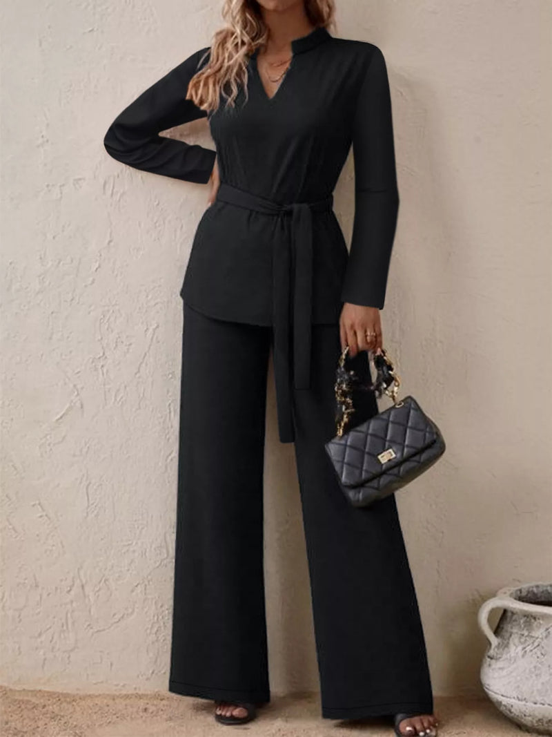 Black tie waist long sleeve top and pants set front
