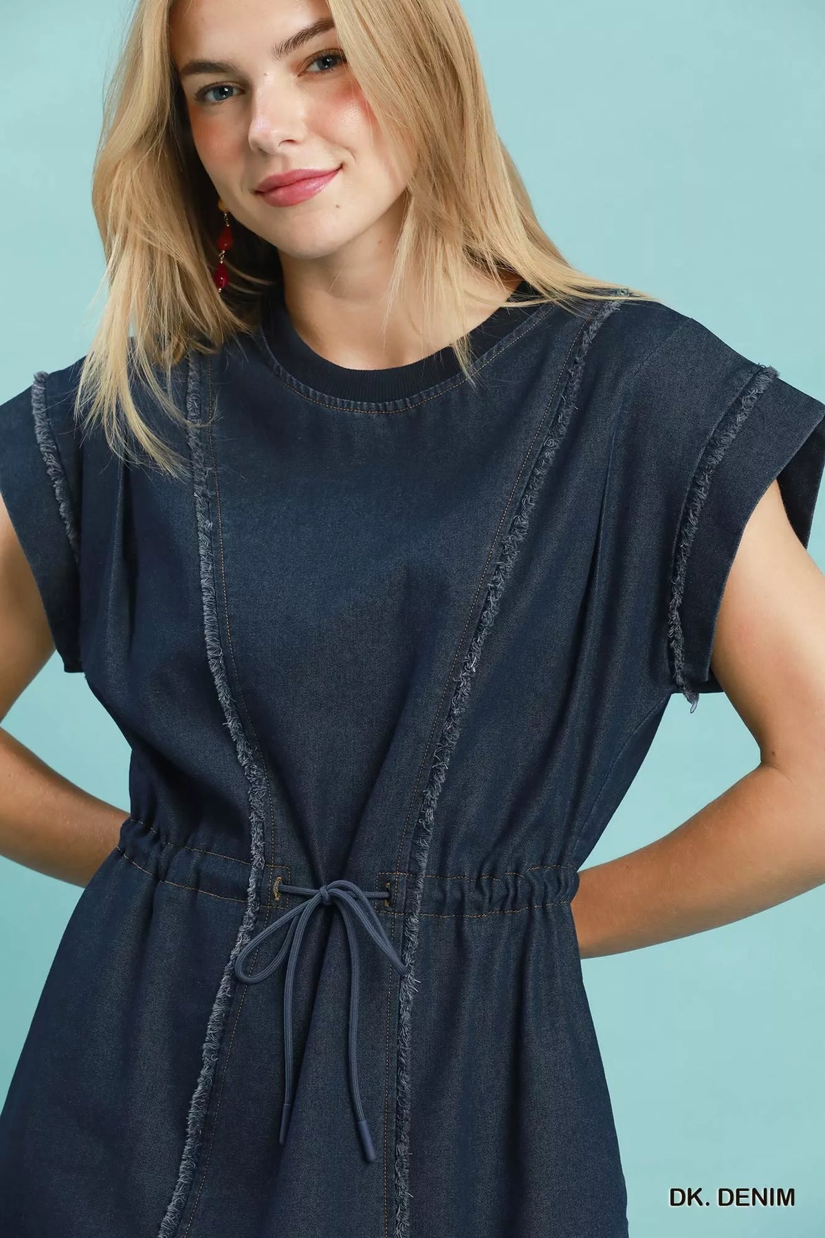 Dark denim frayed drawstring waist mini dress close up view