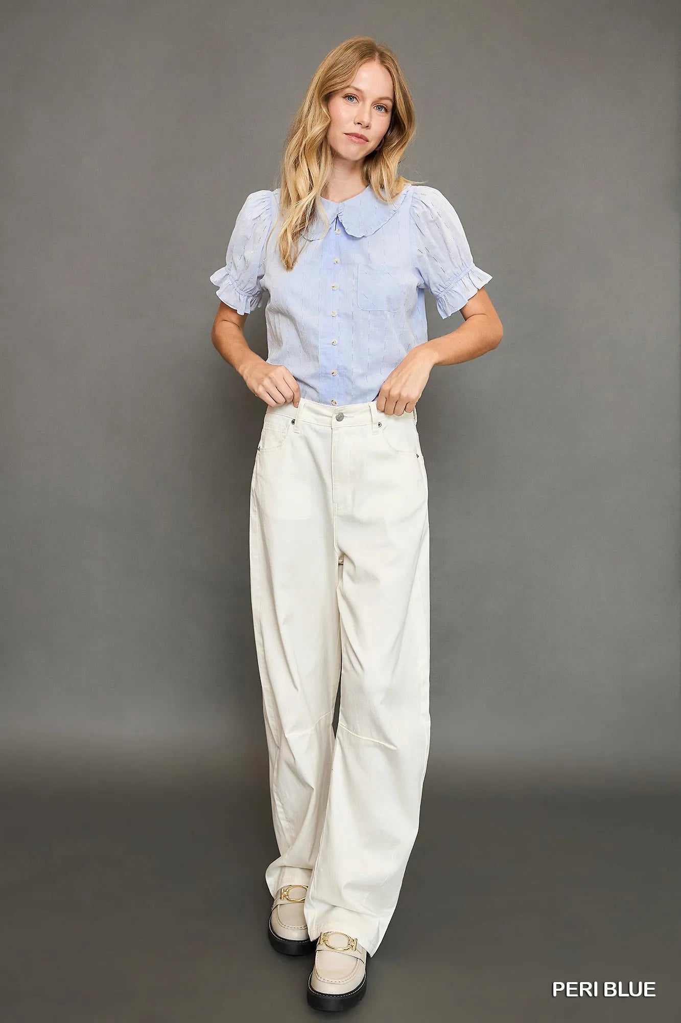 Umgee Peter Pan Collared Button Down Textured Shirt with Ruffled Detail - Fashorio