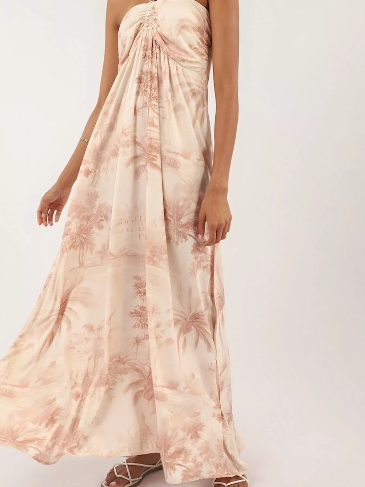 tan tropical print halter neck smocked maxi dress styled outfit view