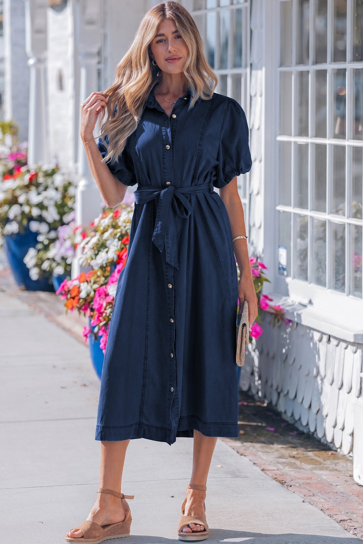 Long denim dress hem and skirt detail
